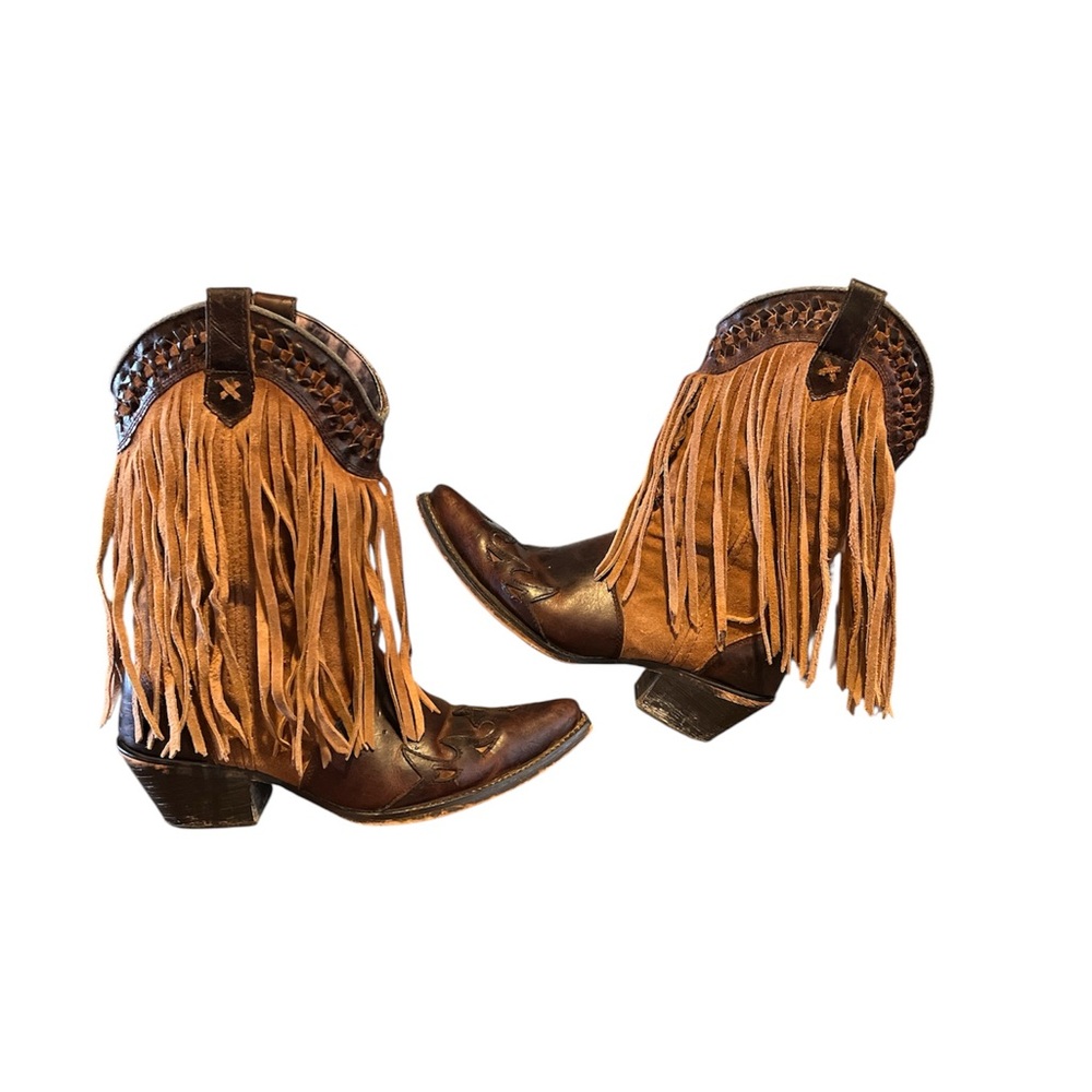 Dingo fringe women's western brown leather boots Sz:9